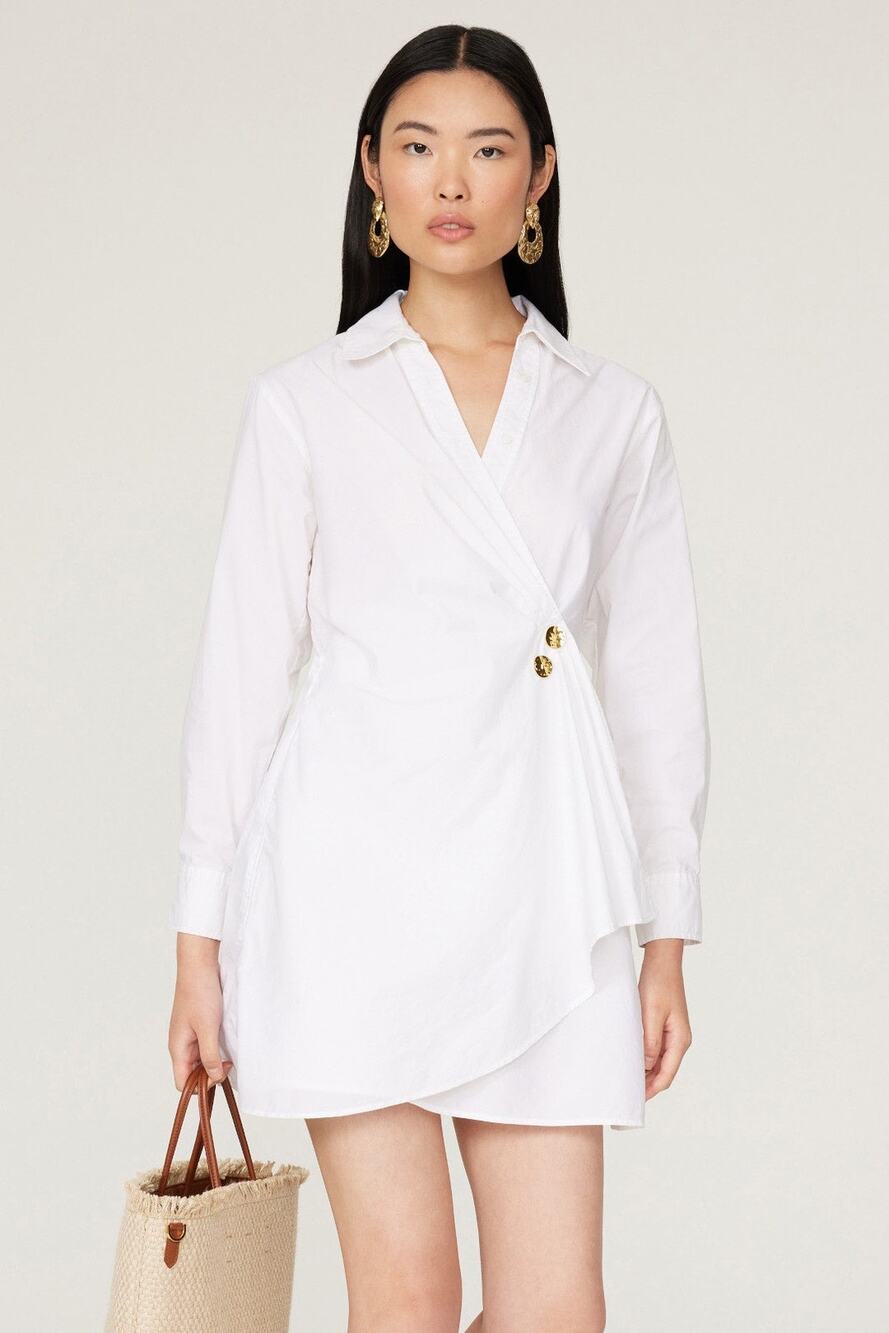 Tanya Taylor Winnie White Long Sleeve Poplin Wrap Shirt Mini Dress Size 6